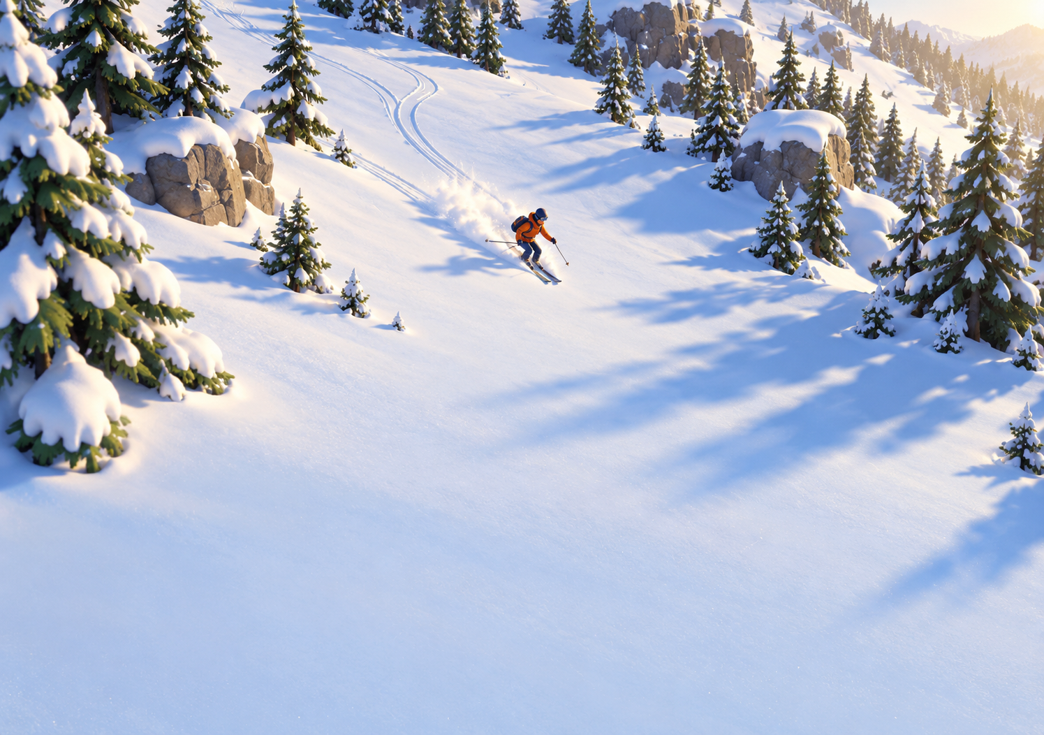 Illustration of an orange-jacketed skier carving through a snowy pine forest